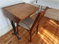 Vintage School Desk w/Folding Wood/Padded Chair