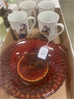 Norman Rockwell Cups / Red Dish