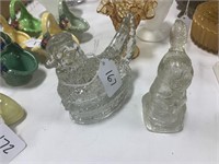 (2) Glass Hen / Glass Rabbit Candy Container