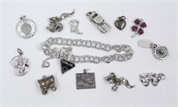Sterling Silver Charm Bracelet & 12 Silver Charms