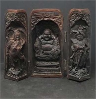 Triptych Vintage carved Asian shrine resin 9"×7"