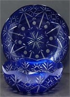 Pair of blue cut glass bowls 12" & 10" diameters