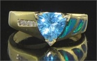 14kt Gold Blue Topaz-Opal-Diamond Ring