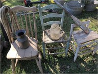 3 Antique chairs, jar, can, paddle