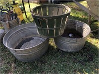 2 galvanized buckets and basket
