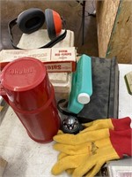 Mail box, gloves, worm bucket, head phones