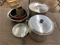 soup pots, bowl, grater, pressure cooker lid