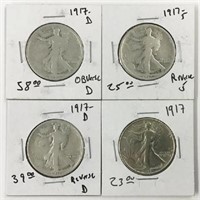 Lot of Four 1917 Walking Liberty Halves.