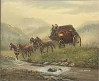 John Stanford Painting of Stagecoach & Cowboys.