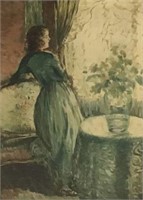 Impressionist Painting of Woman Standing at Table.