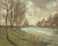 Painting sgd. (Alfred) Sisley, River & Town Scene.