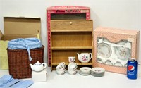 3 Vintage Child Tea Sets - Picnic Basket, Shelf