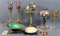 (4) Candle Lamps, 2 Dishes & Trivet