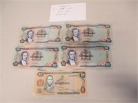 5 Vintage Bank of Jamaica Jamaican Paper Bills -