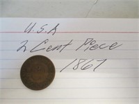 Antique 1867 U.S. 2 Cent Piece