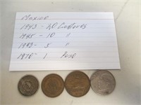 4 Vintage Mexico Mexican Coins - 1943 20