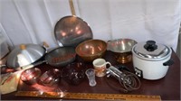 Kitchen lot. Pyrex bowls, Sanyo cooler, copper