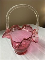 Fenton cranberry glass basket with clear applied