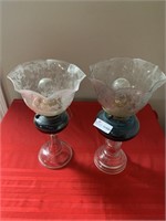 Pair of oil lamps with etched shades electrified