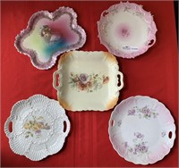 5 porcelain trays, 4 with pierced handles, 1