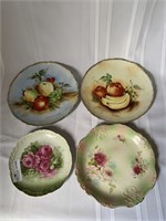4 unmatched handpainted cake plates: 3 unmarked,
