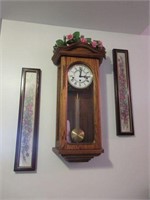 Wall Clock, 2 Framed Pictures, Silk Flowers