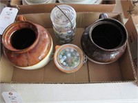 Box Lot: 2 Bean Crocks, Buttons, Marbles in Jars