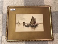 Framed & Matted Watercolor Painting w/ Boats