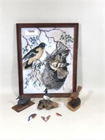 Watercolor Painting of 2 Birds & 3 Miniature Birds