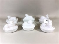 6 Milk Glass Covered Dishes