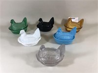 6 Glass Covered Chicken Candy Dishes