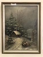 Log Cabin Oil Painting Winter Scene