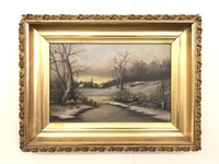 Small Oil on Board Painting Winter Scene