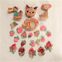 3 Bobble Head Pins + Fruit & Flower Charms