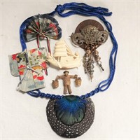 Asian Style Brooches + Peacock Feather Necklace