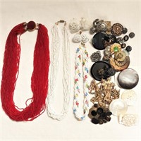 Vintage Bead Necklaces & Button Brooches & Bits