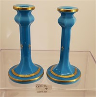 Pair Antique French Blue Glass Candlesticks