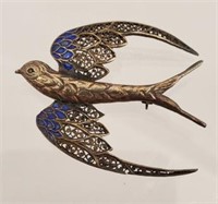 Victorian Filigree Silver & Enamel Bird Pin