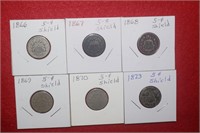 (6) Five Cent Shield Coins 1866 to 1873 Mix