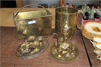 Brass Tea Set, Candle Holders, Magazine Bin & More