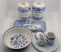 Antique Blue & White Kitchen Canister Lot