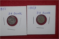 1851 & 1853 Three Cent Silver Coins