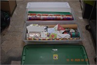 Two Plastic Totes w/Christmas Paper