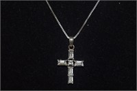 Sterling Silver Necklace & Cross Pendant w/ White