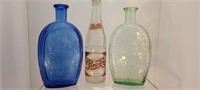 3 Vintage Glass Bottles Whiskey & Pepsi