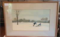 Winter Sledding Vintage Watercolor Painting