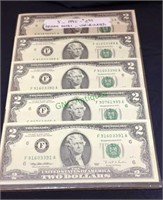 Currency, five1995 two dollar reserve notes,