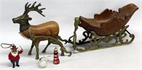Reindeer with sleigh, wood and metal, one hook
