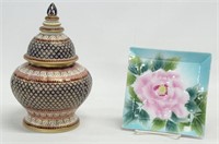 Covered jar, hand painted in Thailand approx 11"