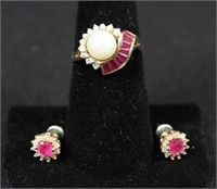Pearl, Diamond and Ruby Ring with Earrings 14kt